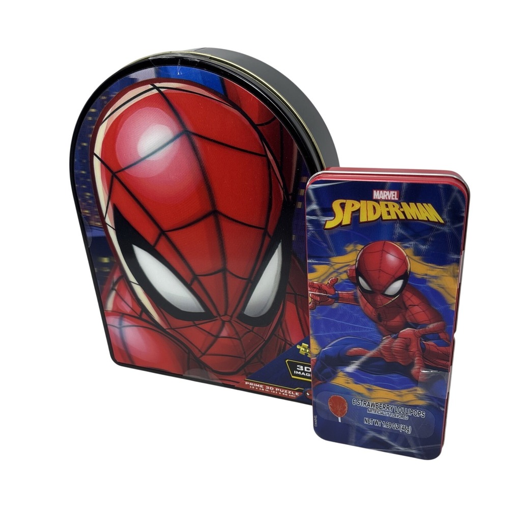 Marvel Spider-Man 300 Piece Prime 3D Puzzle & Strawberry Lollipop Candy Tin‎ Set